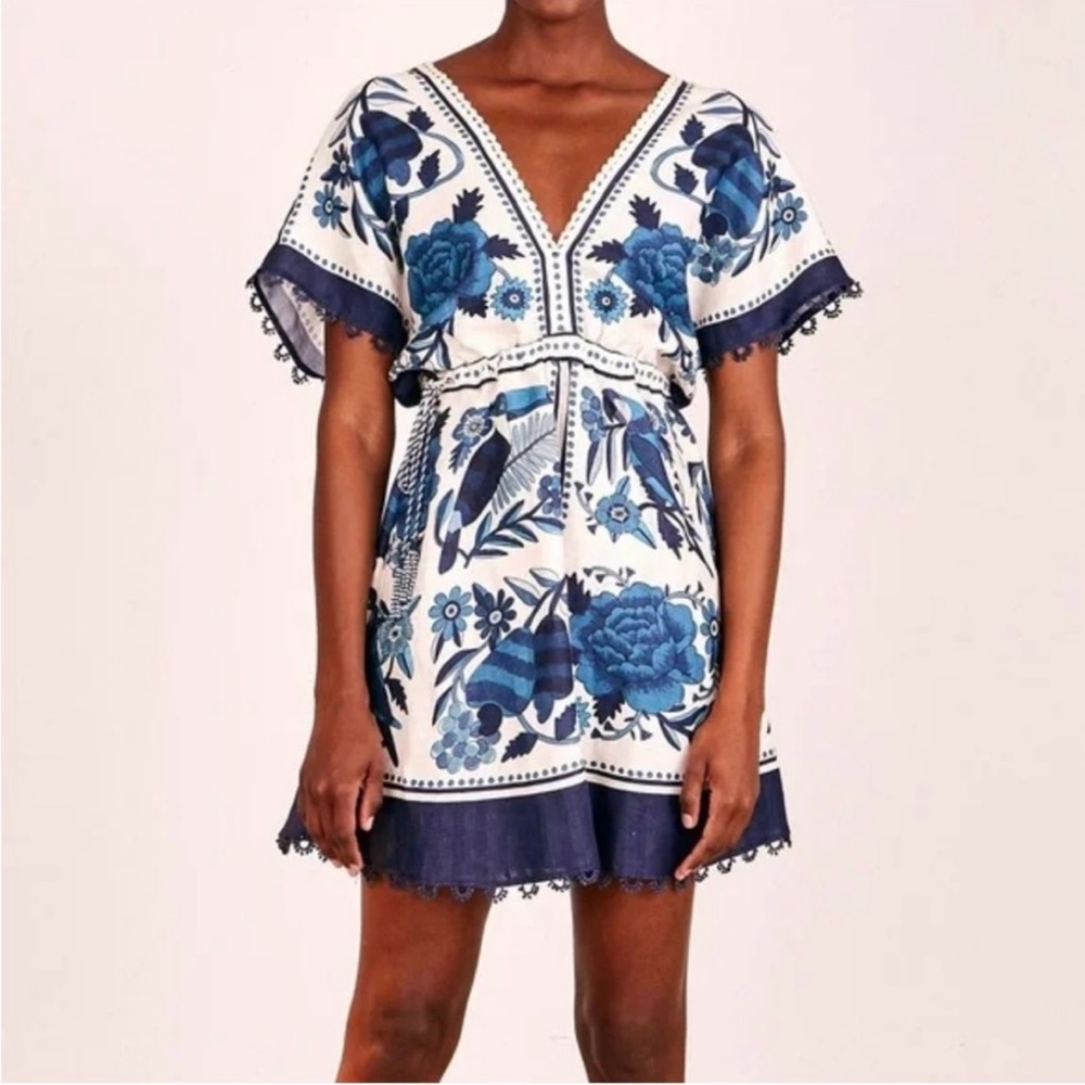 Floral V-Neck Dress with Blue Accents